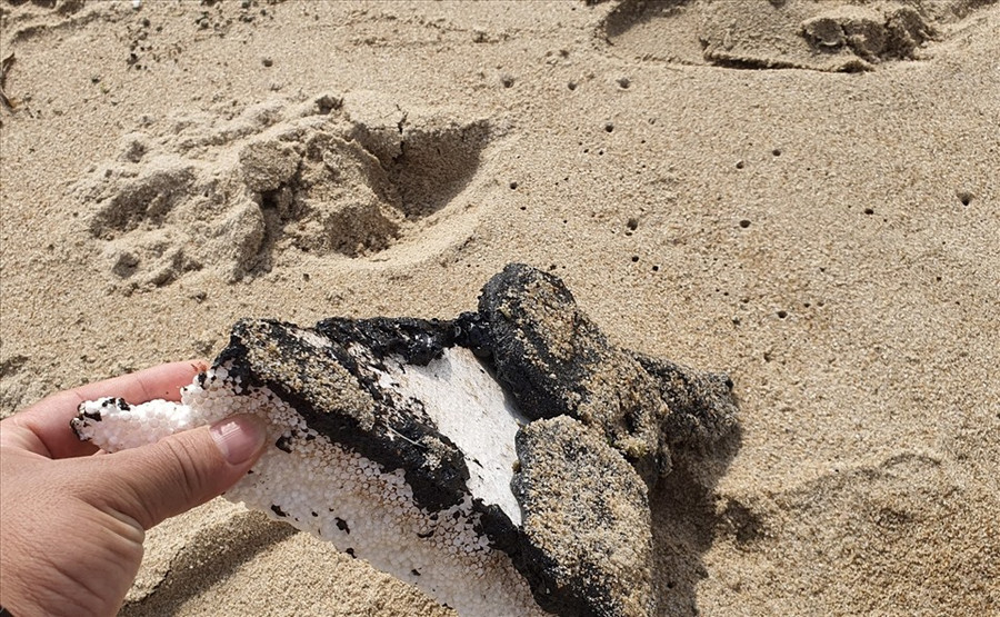 Những mảng dầu bám vào rác thải bị sóng đánh vào bờ. Ảnh: P. Linh 