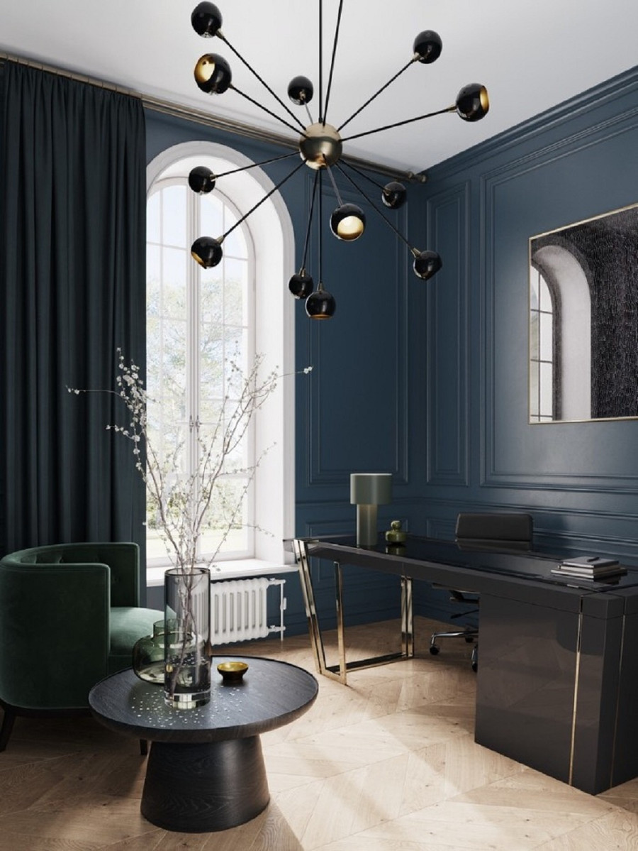  Phòng làm việc được thiết kế tối giản với những tone màu trầm tối là sự kết hợp các yếu tố cổ điển và nghệ thuật đương đại.