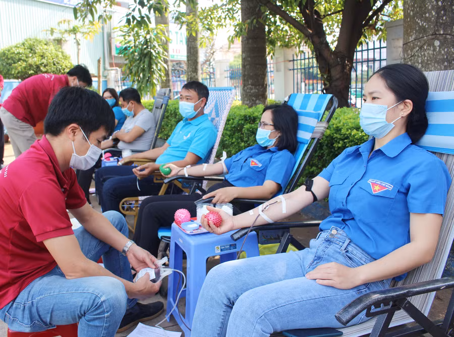  Đoàn viên, thanh niên tham gia hiến máu tình nguyện. Ảnh: Phan Lài