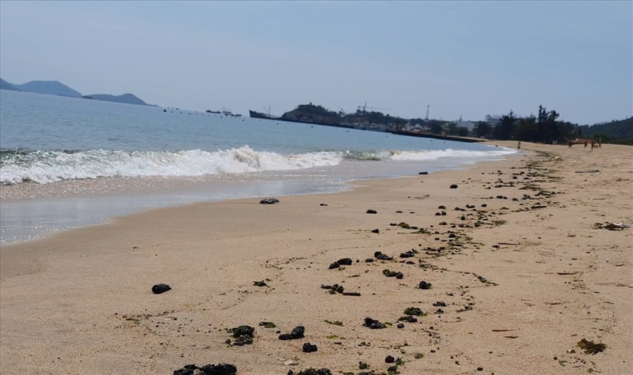 Sáng 17.3, dọc bờ biển từ khu du lịch Evason Ana Mandara Nha Trang đến cuối công viên Bạch Đằng xuất hiện nhiều cục dầu cặn. Ảnh: P. Linh