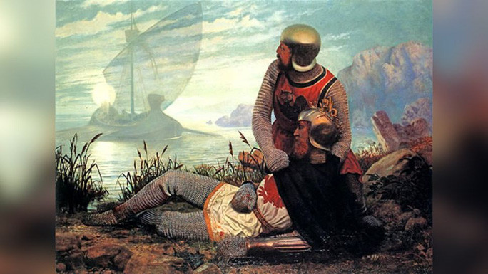 Bức tranh "Cái chết của vua Arthur", một nhân vật huyền thoại của nước Anh, được cho là một vị vua vĩ đại đã bảo hộ nước Anh khỏi sự xâm lược của người Anglo-Saxon. Có rất nhiều "vua Arthur" trong thực tế, nhưng mộ phần của họ chưa từng được tìm thấy - Ảnh: John Garrick Bức tranh