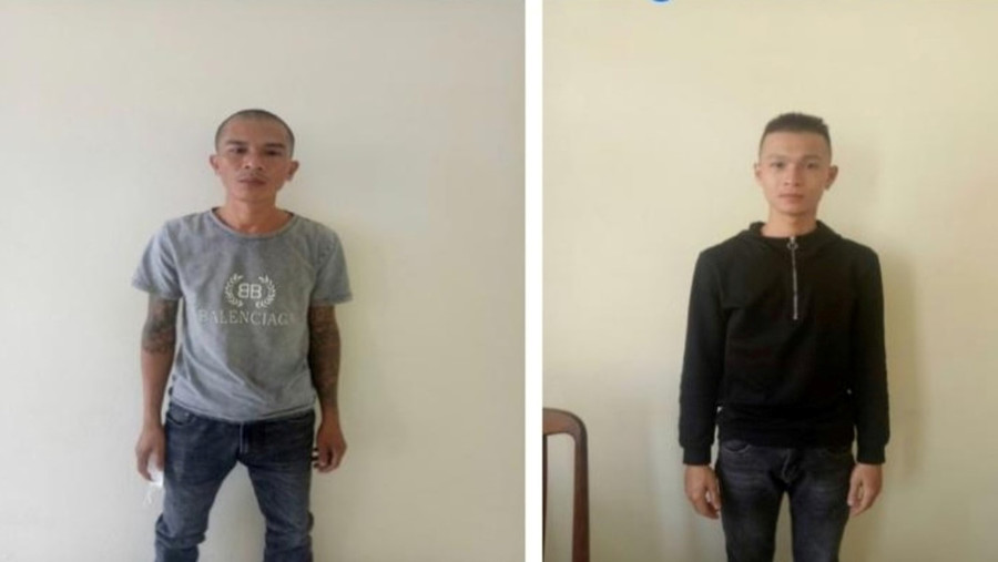 Trần Võ Bảo Ngọc (bên phải) và Trần Hạo Hơn (bên trái) tại cơ quan công an. (ảnh Công an Kon Tum)