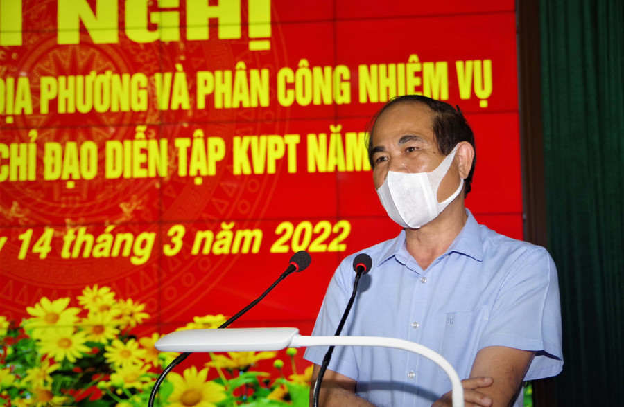 Chủ tịch UBND tỉnh Võ Ngọc Thành-Trưởng ban Chỉ đạo diễn tập khu vực phòng thủ năm 2022 kết luận hội nghị. Ảnh: Huy Bắc