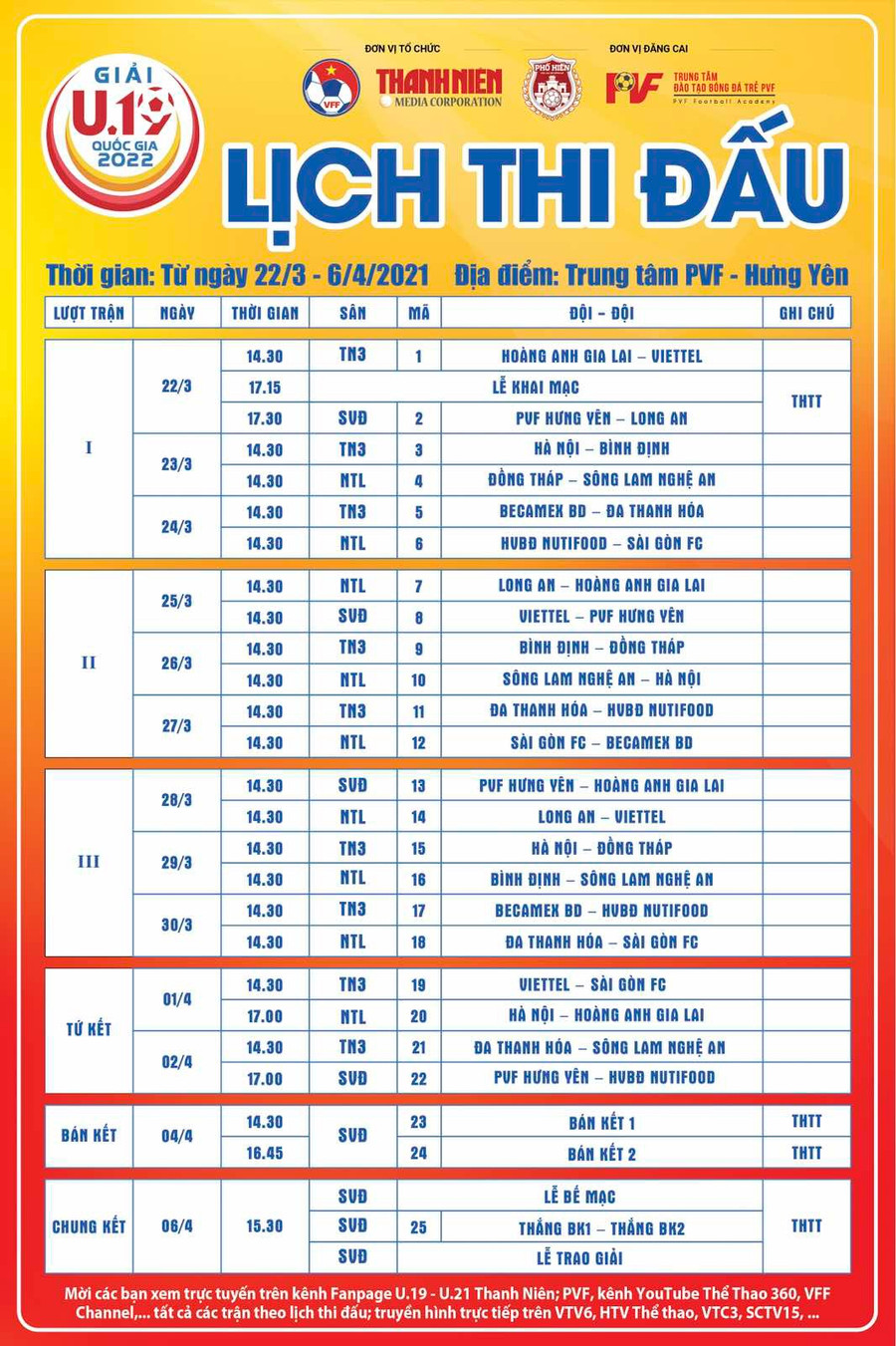 Lịch thi đấu các trận tứ kết ngày 1 và 2.4, bán kết vào ngày 4.4 và chung kết ngày 6.4