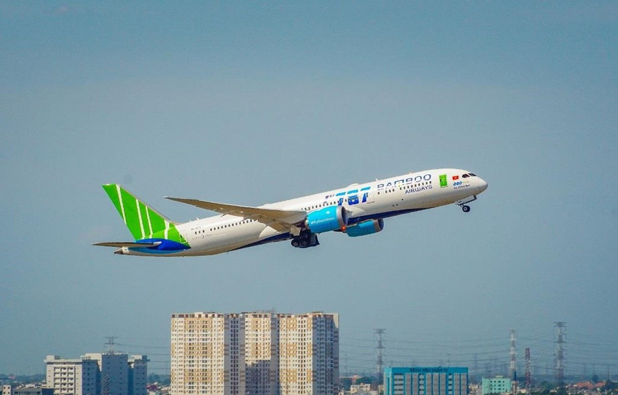 Dòng máy bay thân rộng Boeing 787-9 Dreamliner hiện đại của Bamboo Airways được khai thác đường bay thẳng Hà Nội-London. Ảnh: CTV/Vietnam+