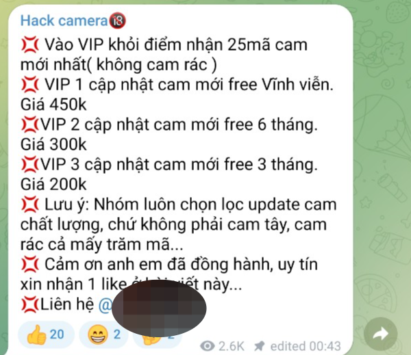 Tin nhắn để lại thông tin giá tiền để được vào Nhóm VIP của Admin một nhóm hack camera công khai