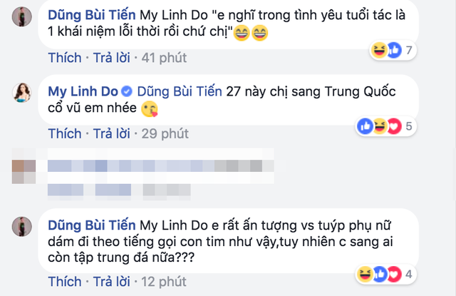 Lời comment của Đỗ Mỹ Linh trên trang cá nhân ngay lập tức được cầu thủ Bùi Tiến Dũng đáp trả.