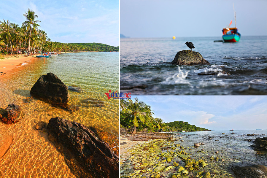 Bãi Khem (Hòn Thơm) trải dài theo bờ cát trắng với những hàng dừa cao vút, nước trong veo và tập trung nhiều loại đá rải rác với sắc màu đẹp, lạ.