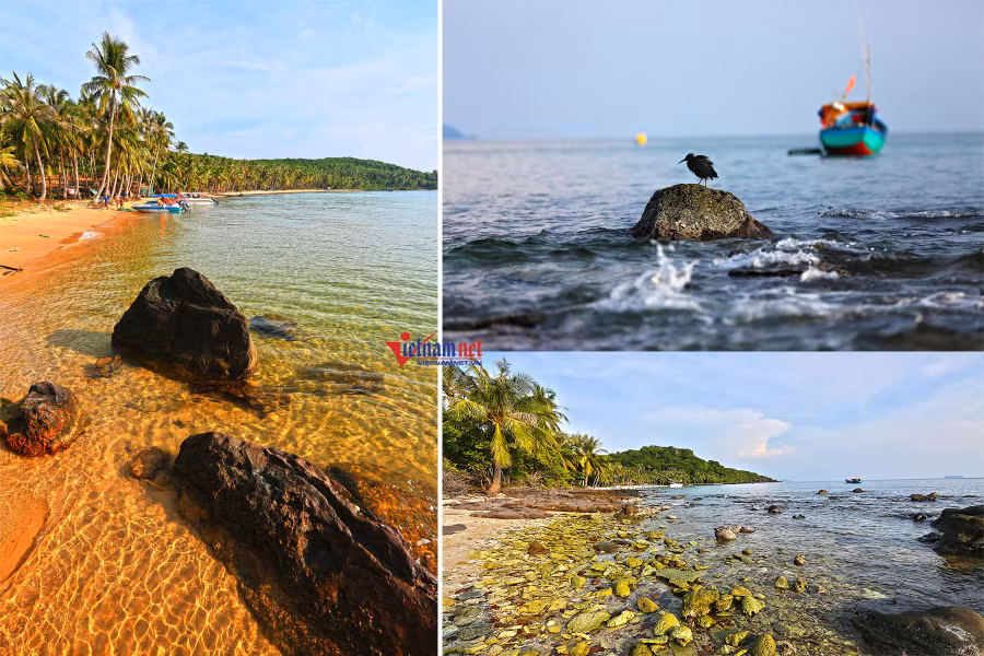 Bãi Khem (Hòn Thơm) trải dài theo bờ cát trắng với những hàng dừa cao vút, nước trong veo và tập trung nhiều loại đá rải rác với sắc màu đẹp, lạ.
