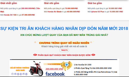 Người dùng nhận được thông báo trúng giải quay số may mắn, sau đó được yêu cầu cung cấp thông tin cá nhân. Người dùng nhận được thông báo trúng giải quay số may mắn, sau đó được yêu cầu cung cấp thông tin cá nhân.