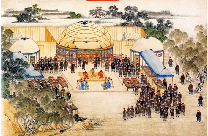 Bức tranh Thập toàn phu tảo vẽ vua Quang Trung và hai bồi thần đang hành lễ bệ kiến vua Càn Long.