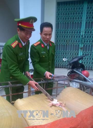 Lực lượng chức năng kiểm tra các bao tải chứa nội tạng động vật đã bốc mùi thối.