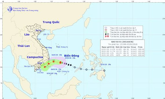 Dự kiến đường đi của bão số 1. Ảnh: Trung tâm Dự báo khí tượng - thủy văn Trung ương Dự kiến đường đi của bão số 1. Ảnh: Trung tâm Dự báo khí tượng - thủy văn Trung ương