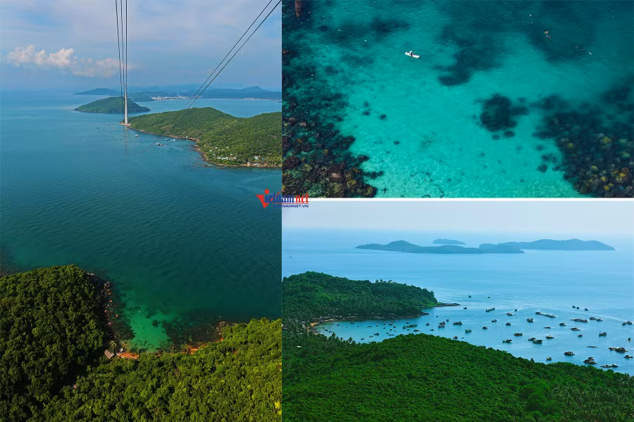  Cảnh những hòn đảo, mặt nước nam Phú Quốc trong veo nhìn từ trên cao. 