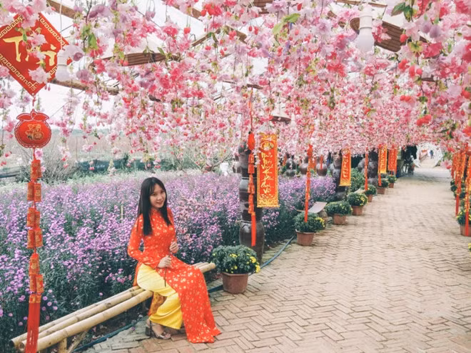 Tại các vườn hoa, người tham quan có thể thuê áo dài chụp ảnh chào năm mới với giá từ 100.000-150.000 đồng.