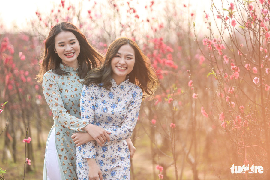 Hai bạn trẻ NguyễnThị Hương và Nguyễn Thanh Hoàn đến từ Nghệ An và đang công tác tại Hà Nội tranh thủ buổi chiều chủ nhật cuối năm để cùng bạn bè tới Nhật Tân chụp ảnh áo dài cùng với hoa đào