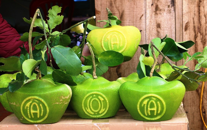 Những quả bưởi hình thỏi vàng có in chữ Tài - Lộc.