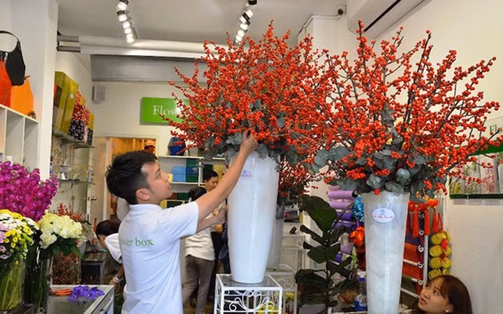 Những bình hoa đông đào nhập khẩu từ Hà Lan có giá từ 15-30 triệu đồng. Thậm chí có doanh nghiệp còn bỏ ra 160 triệu đồng để mua hai bình hoa này về chơi Tết. (Ảnh: Dân Việt)