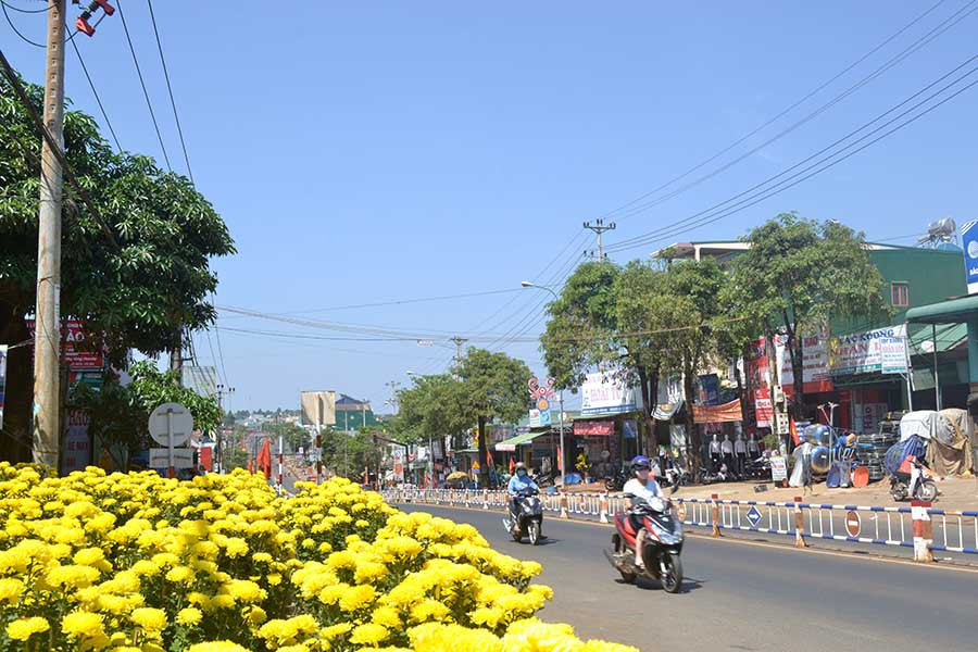 Đường phố thị trấn Chư Ty rực rỡ trong những ngày xuân. Ảnh: Lê Hòa
