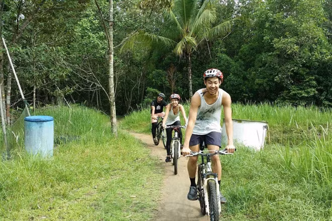Một trong những trải nghiệm thú vị nhất trên đảo Pulau Ubin là đạp xe trên những con đường mòn rợp bóng cây xanh.