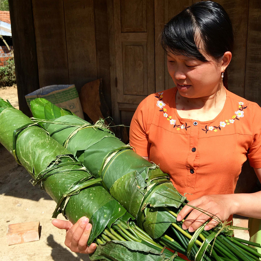 Lá dong được chị Lương Thị Lượng chuẩn bị khá sớm để gói bánh chưng. Ảnh: H.N Lá dong được chị Lương Thị Lượng chuẩn bị khá sớm để gói bánh chưng. Ảnh: H.N