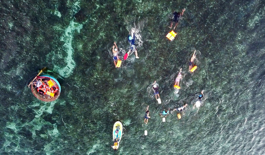 9 vận động viên bơi vượt biển tại Lý Sơn. Ảnh: Hải Phong