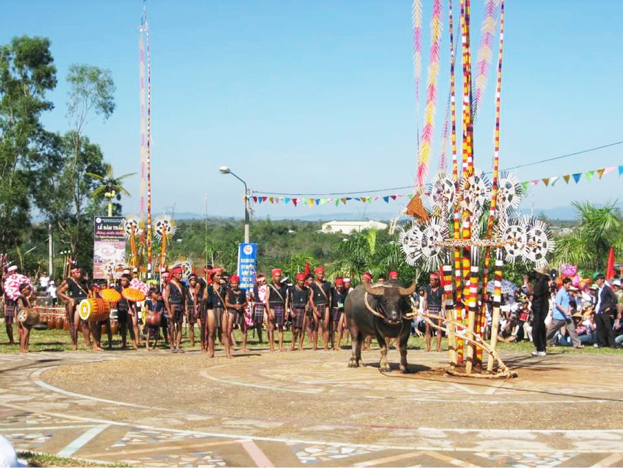 Phục dựng lễ đâm trâu tại một sự kiện văn hóa ở Gia Lai. Ảnh: Thùy Chi  Phục dựng lễ đâm trâu tại một sự kiện văn hóa ở Gia Lai. Ảnh: Thùy Chi