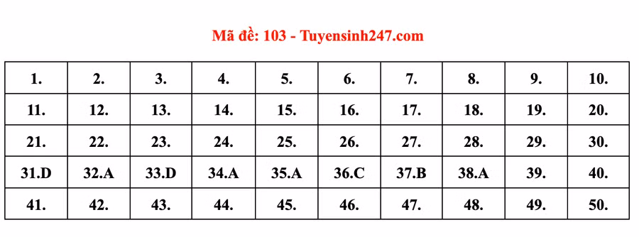 Đáp án môn Toán mã đề 103