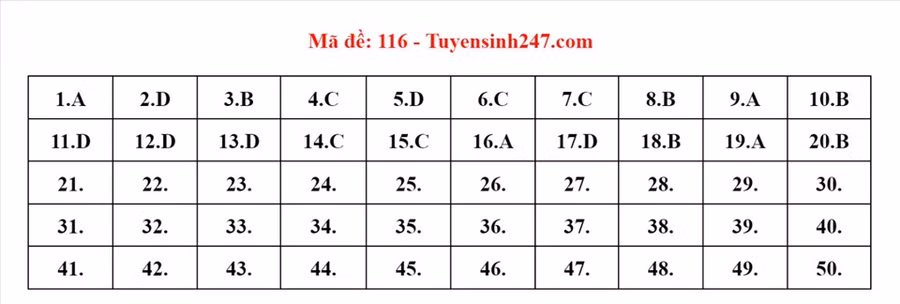 Đáp án đề thi môn Toán mã đề 116. Ảnh: Tuyensinh247.com