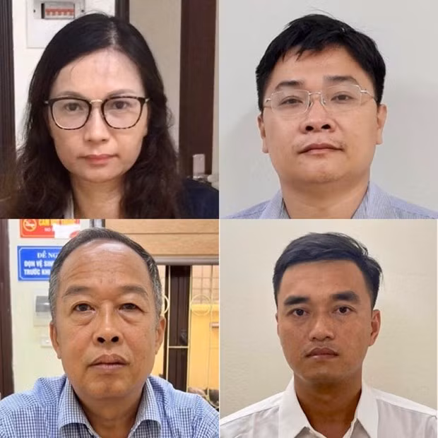  Từ trên xuống dưới, từ trái sang, các bị can: Nguyễn Mai Anh, Ngô Quang Tuấn, Trần Văn Dự, Vũ Sỹ Cường. (Nguồn: nld.com.vn)