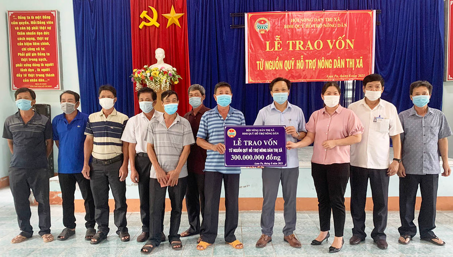  Hội Nông dân thị xã Ayun Pa giải ngân nguồn vốn Quỹ Hỗ trợ nông dân cho các thành viên Chi hội nghề nghiệp chăn nuôi heo phường Sông Bờ. Ảnh: Vũ Chi