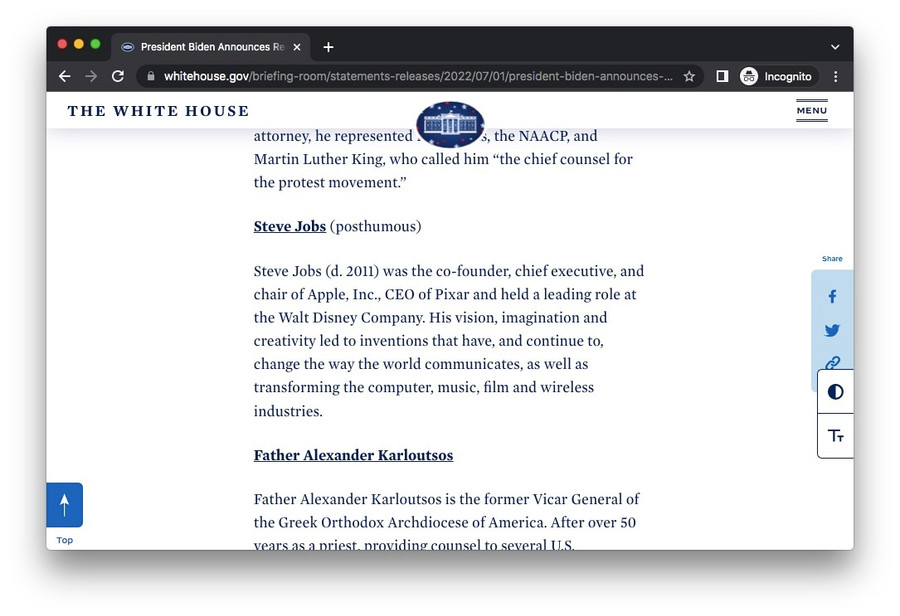 Thông báo từ nhà trắng về các cá nhân nhận được Huân chương Tự do của Tổng thống. Ảnh chụp màn hình Thông báo từ nhà trắng về các cá nhân nhận được Huân chương Tự do của Tổng thống. Ảnh chụp màn hình