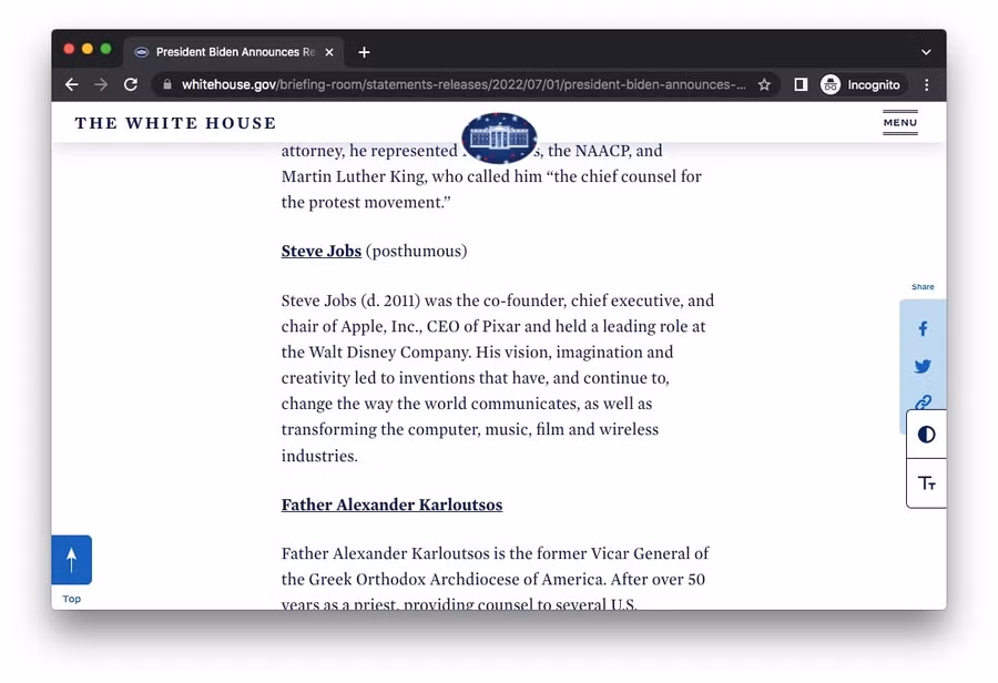  Thông báo từ nhà trắng về các cá nhân nhận được Huân chương Tự do của Tổng thống. Ảnh chụp màn hình