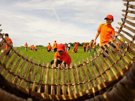 Các em tham gia hoạt động bắt cá, ốc. Ảnh: Hà Chi