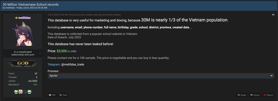 meli0das rao bán dữ liệu của 30 triệu học sinh, giáo viên Việt Nam - Ảnh chụp màn hình meli0das rao bán dữ liệu của 30 triệu học sinh, giáo viên Việt Nam - Ảnh chụp màn hình