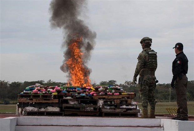 Binh sỹ Mexico thiêu hủy số ma túy thu giữ tại Veracruz (Mexico), ngày 16/1/2018. (Ảnh: AFP/TTXVN)