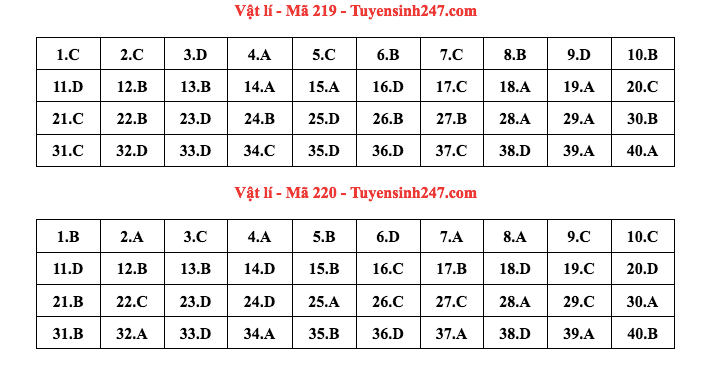 Đáp án đề thi môn Vật Lý mã đề 218,219,220 thi THPT 2022 