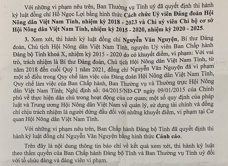 Nội dung thông cáo báo chí của Ủy ban Kiểm tra Tỉnh ủy Đồng Tháp về xử lý kỷ luật các cá nhân, tập thể Hội Nông dân Việt Nam tỉnh Đồng Tháp. Ảnh: CTV