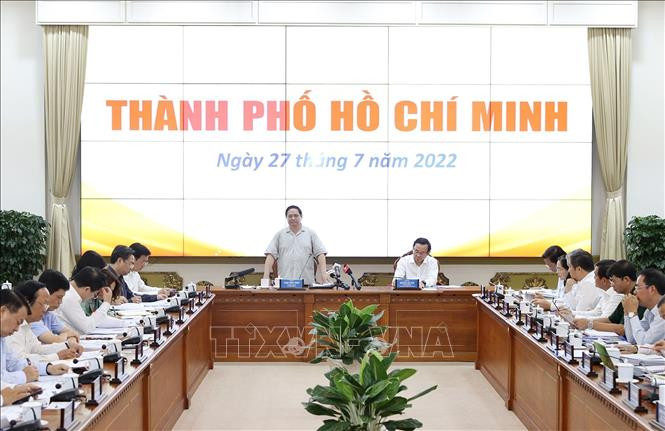 Quang cảnh buổi làm việc. Ảnh: Dương Giang/TTXVN Thủ tướng Phạm Minh Chính làm việc với lãnh đạo chủ chốt TP Hồ Chí Minh. Ảnh: Dương Giang/TTXVN