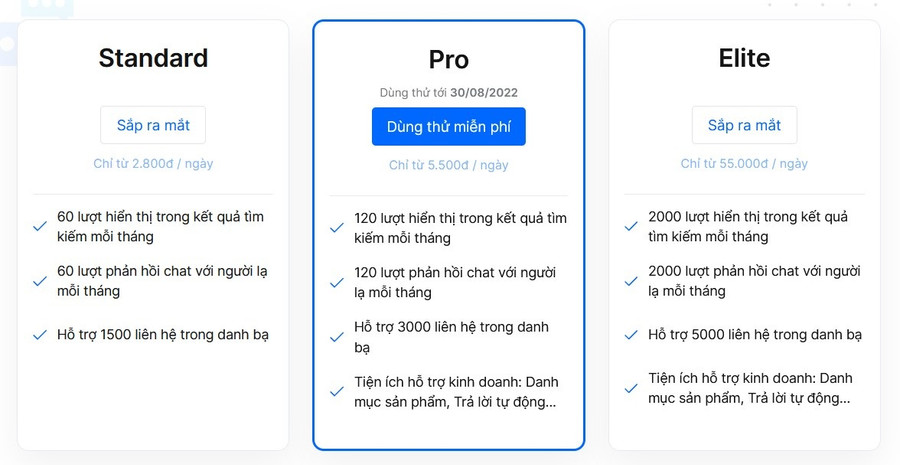 Các gói dịch vụ trả phí do Zalo cung cấp tới tài khoản doanh nghiệp. Ảnh chụp màn hình