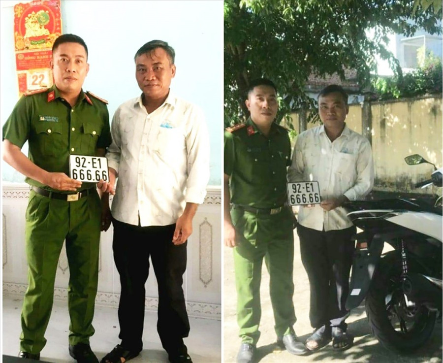 Ông P. nhận biển ngũ quý 666.66 từ tay công an để tặng con gái ở Quảng Nam. Ảnh: CA
