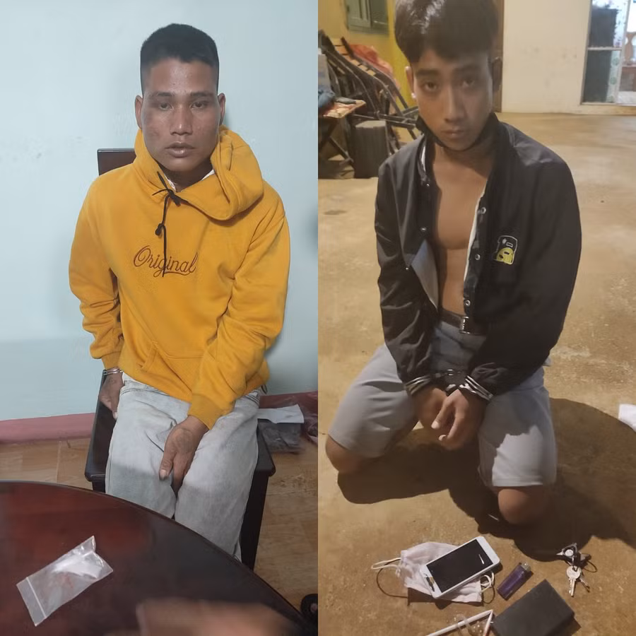 Đối tượng Chim (bìa trái) và Nhưk có hành vi tàng trữ trái phép chất ma tuý. (Ảnh Công an huyện Đak Đoa cung cấp)