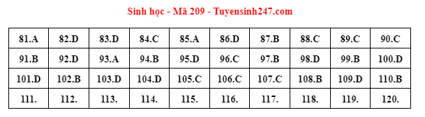 Đáp án mã đề 209 môn Sinh học kỳ thi tốt nghiệp THPT 2022. Đáp án do giáo viên Tuyensinh247 thực hiện. Đáp án mã đề 209 môn Sinh học kỳ thi tốt nghiệp THPT 2022. Đáp án do giáo viên Tuyensinh247 thực hiện.