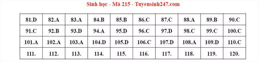 Đáp án mã đề 215 môn Sinh học kỳ thi tốt nghiệp THPT 2022. Đáp án do giáo viên Tuyensinh247 thực hiện.