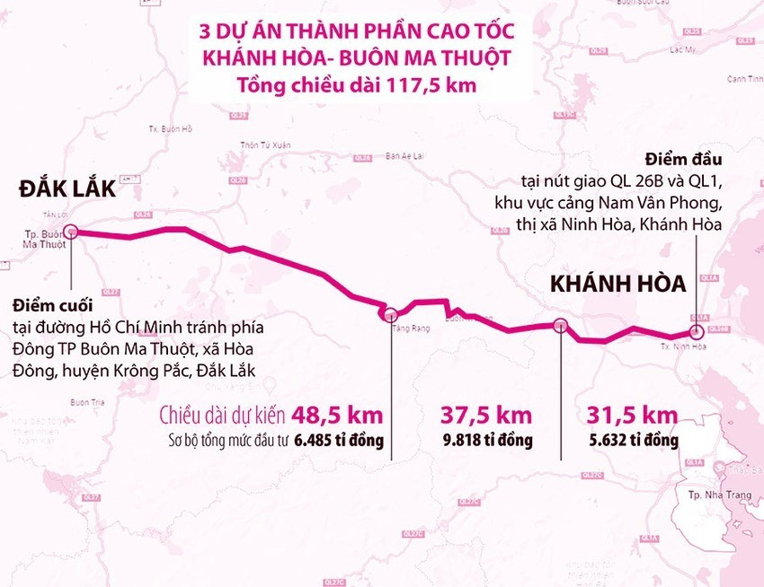 Cao tốc Khánh Hòa - Buôn Ma Thuột có chiều dài 117,5 km. Đồ họa: HỒ TRANG