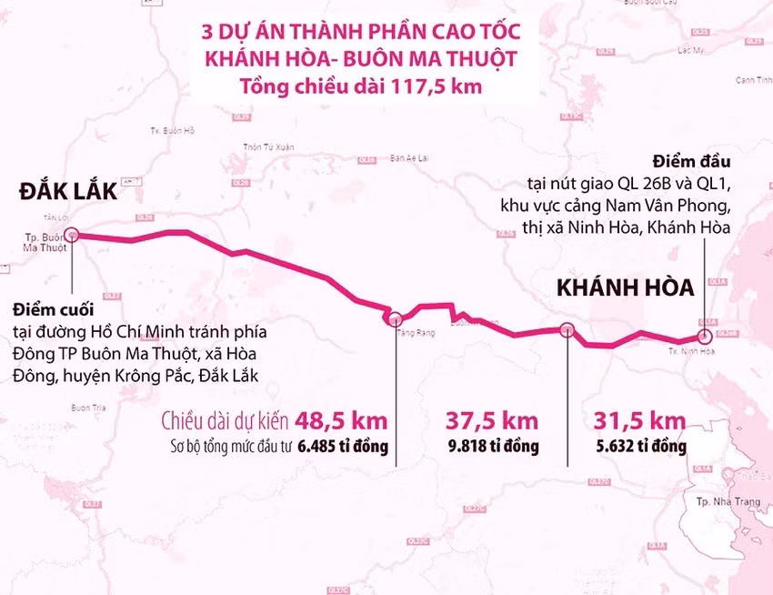 Cao tốc Khánh Hòa - Buôn Ma Thuột có chiều dài 117,5 km. Đồ họa: HỒ TRANG