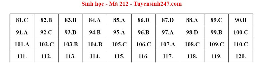 Đáp án mã đề 212 môn Sinh học kỳ thi tốt nghiệp THPT 2022. Đáp án do giáo viên Tuyensinh247 thực hiện. Đáp án mã đề 212 môn Sinh học kỳ thi tốt nghiệp THPT 2022. Đáp án do giáo viên Tuyensinh247 thực hiện.