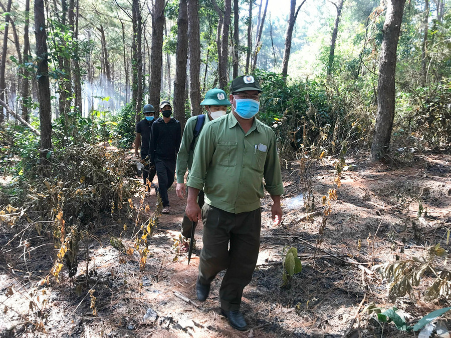 Lực lượng Quản lý bảo vệ rừng chuyên trách Ban quản lý rừng phòng hộ Bắc Biển Hồ tuần tra trong những ngày Tết. Ảnh: Nguyễn Diệp