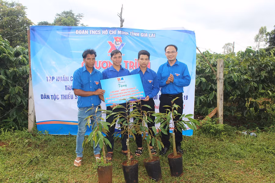 Anh Đỗ Đức Thanh (bìa phải)-Phó Bí thư Tỉnh Đoàn, Phó Chủ tịch Hội LHTN Việt Nam tỉnh tặng mô hình sinh kế cho 3 thanh niên của làng O Yố (xã Ia Băng, huyện Đak Đoa). Ảnh: Phan Lài