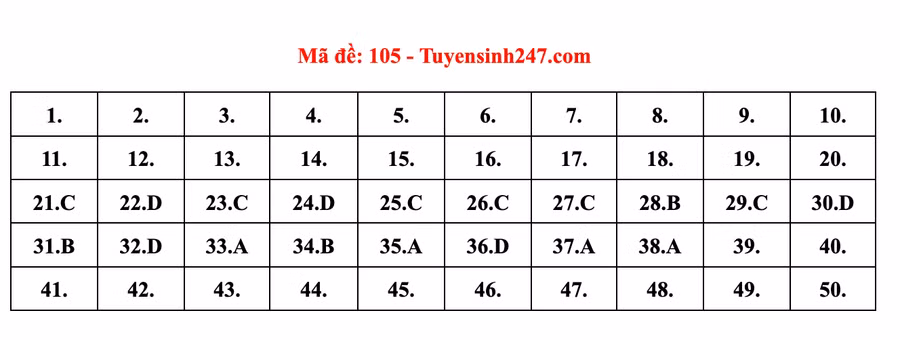 Xem gợi ý đáp án môn Toán mã đề 105